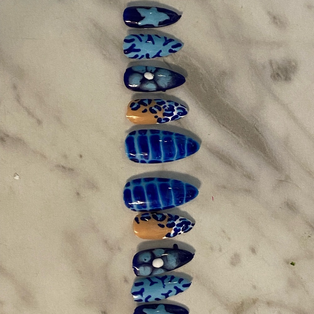 HANDMADE Blue and Tan Nail Art Set